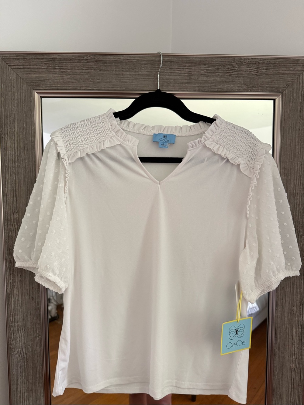CeCe Cream Swiss Dot Puff Sleeve Top with Smocked Shoulders